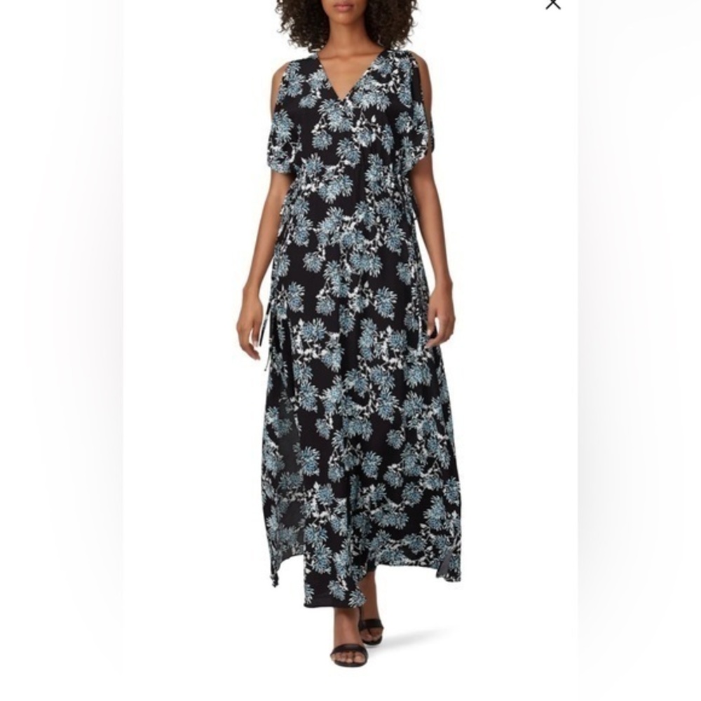 Thakoon Collective Black & Blue Floral Side Tie V Neck Maxi Dress Size 4